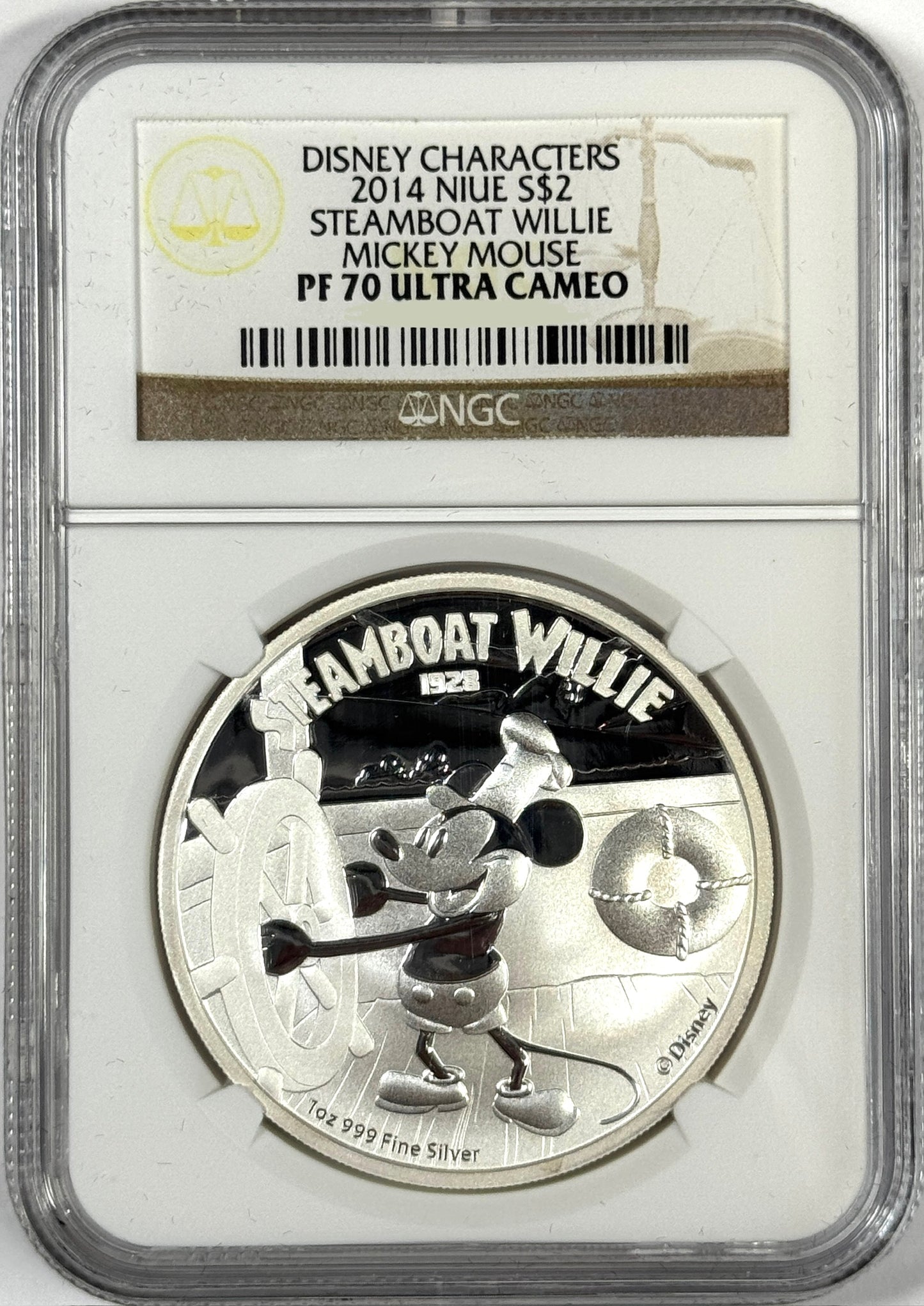 2014 Niue Disney Mickey Mouse Steamboat Willie 1 oz Proof Silver NGC PF70UC w/OGP
