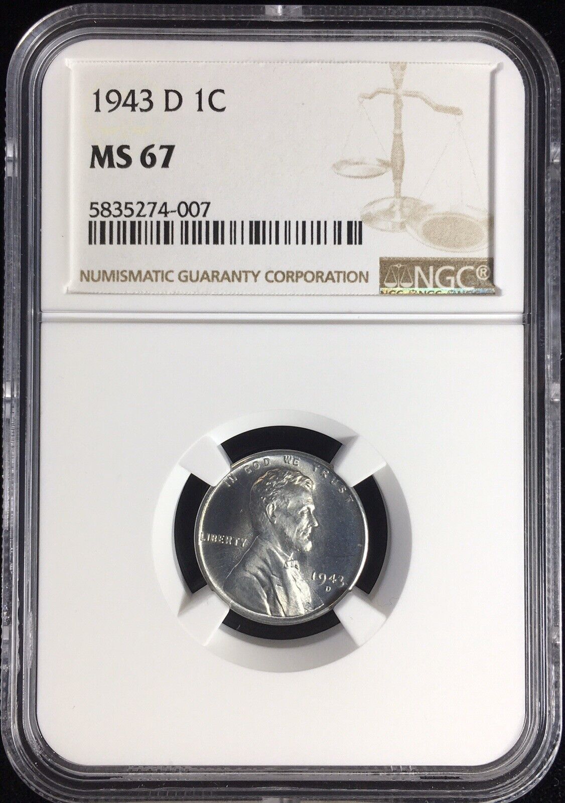1943-D Lincoln Wheat Cent Steel Cent NGC MS67