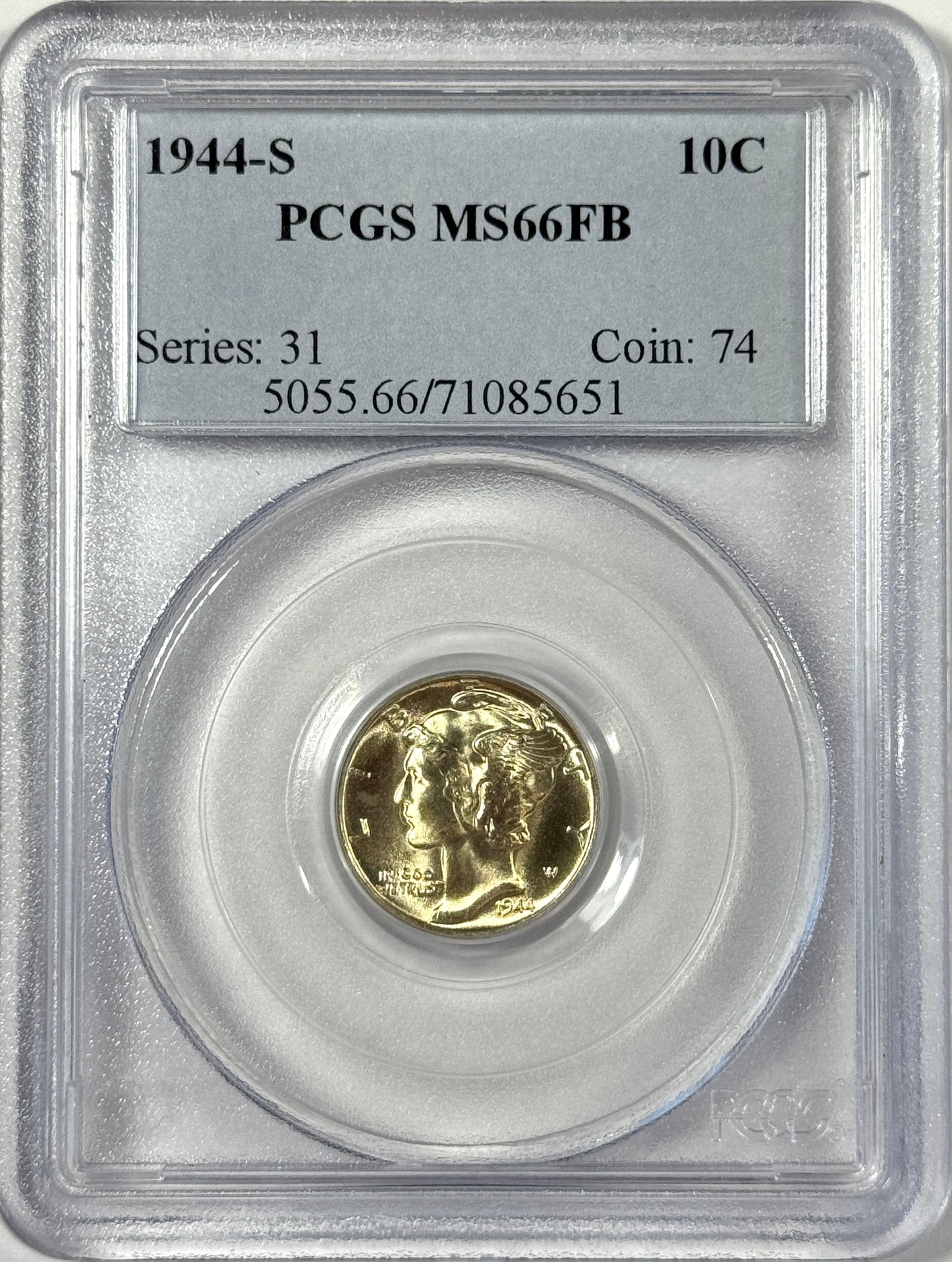 1944-S Silver Mercury Dime PCGS MS66FB Blast White Cartwheel Luster! Nice Coin!