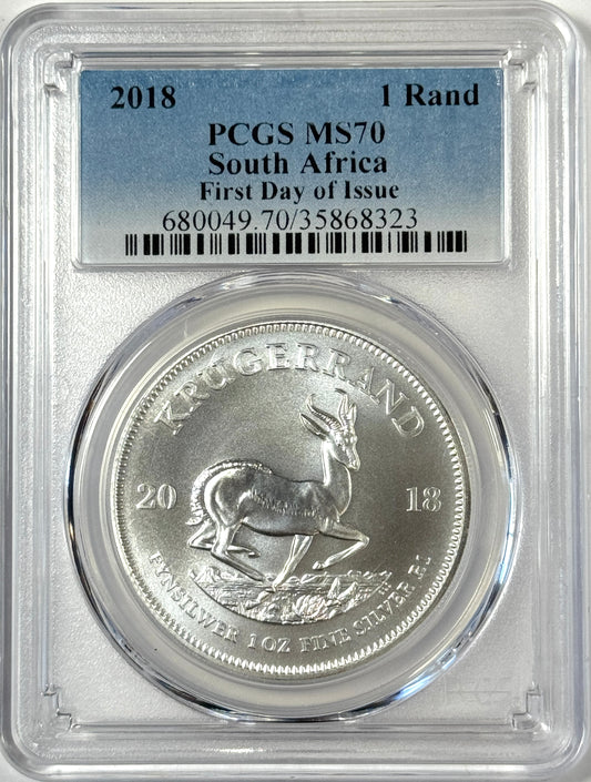 2018 South Africa Silver Krugerrand Coin - PCGS MS70 - First Day of Issue!