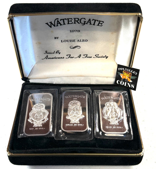Vintage 1973 Aleo Watergate Nixon See Hear Speak No Evil 3pc Silver Set - 1st Ed #118/974 Box & COA
