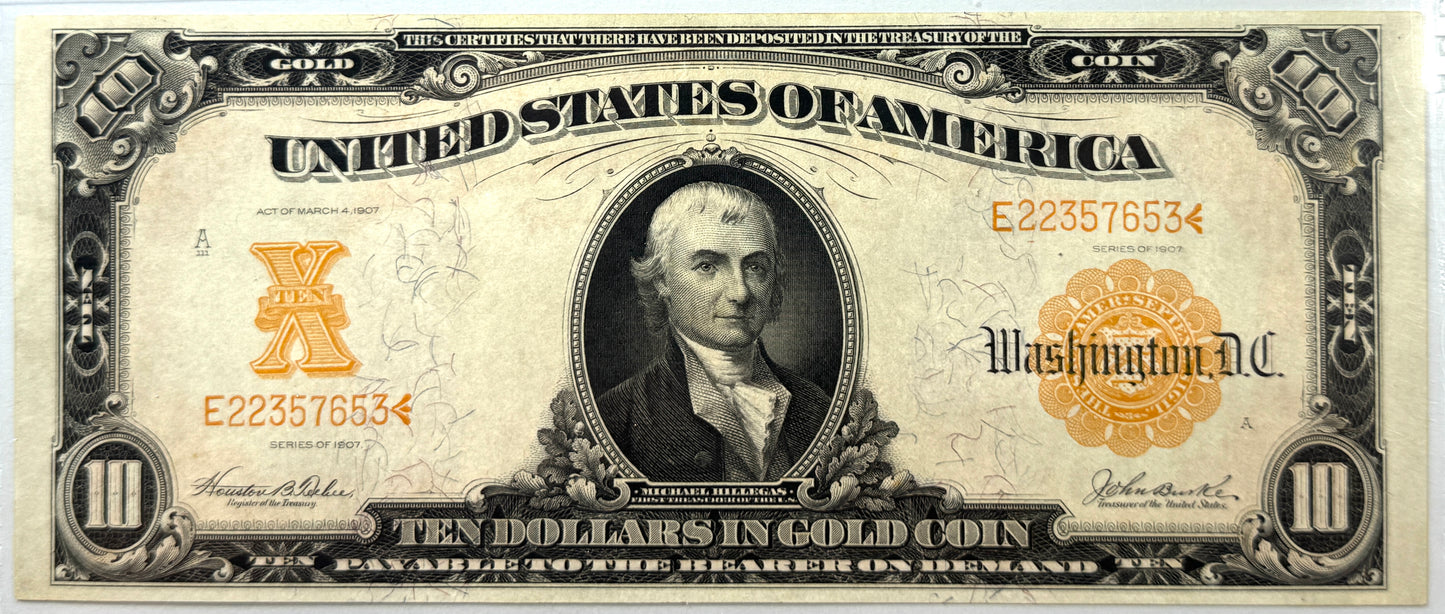 1907 $10 Gold Certificate Gold Seal Fr# 1172 PMG AU55