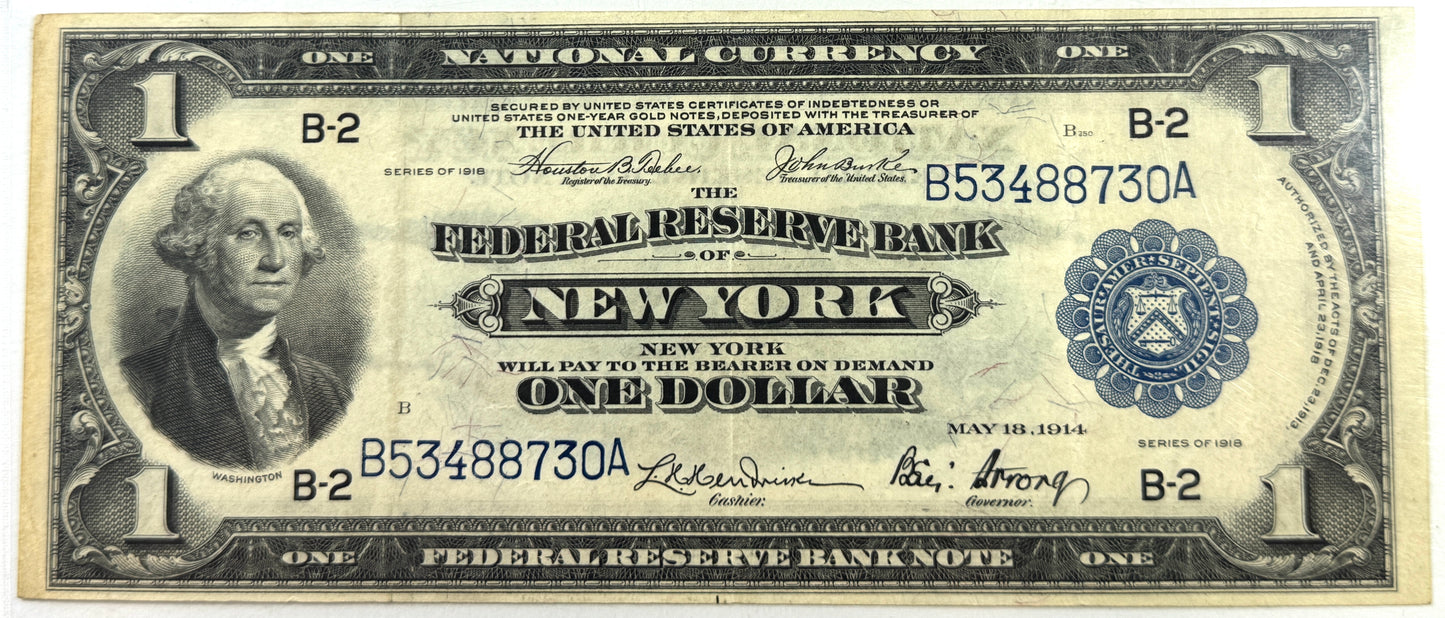 1918 $1 One Dollar New York Federal Reserve Fr. 712 Note XF40 PMG