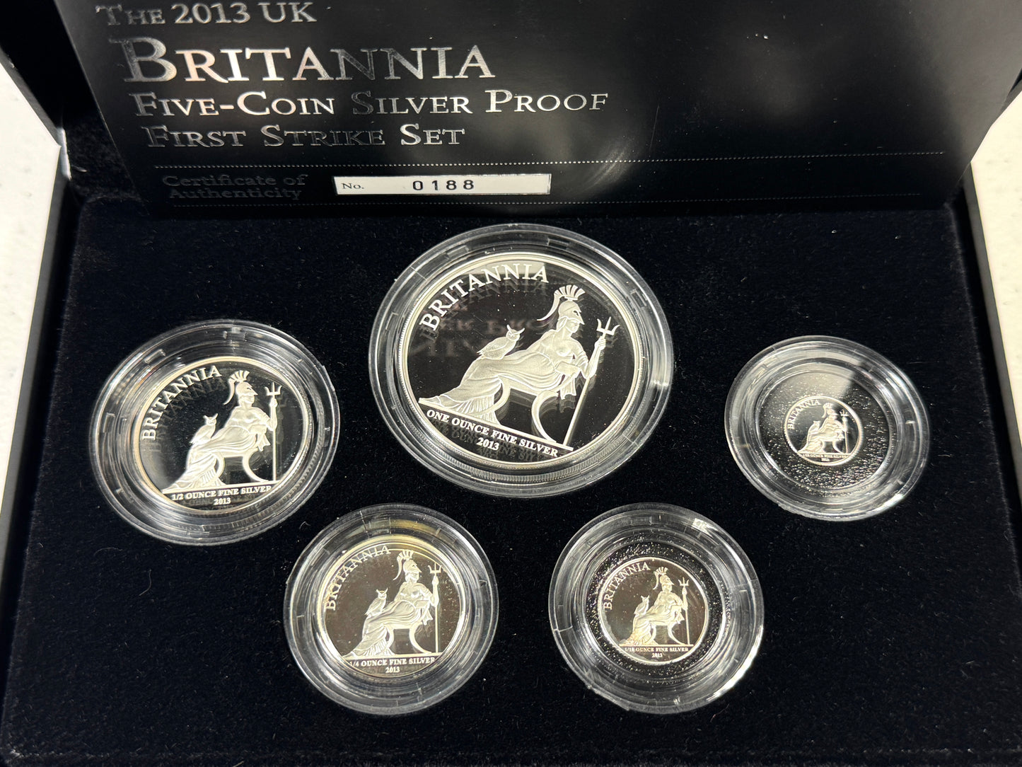 2013 UK Britannia Five-Coin Silver Proof First Strike Set - # 188/1500 in OGP