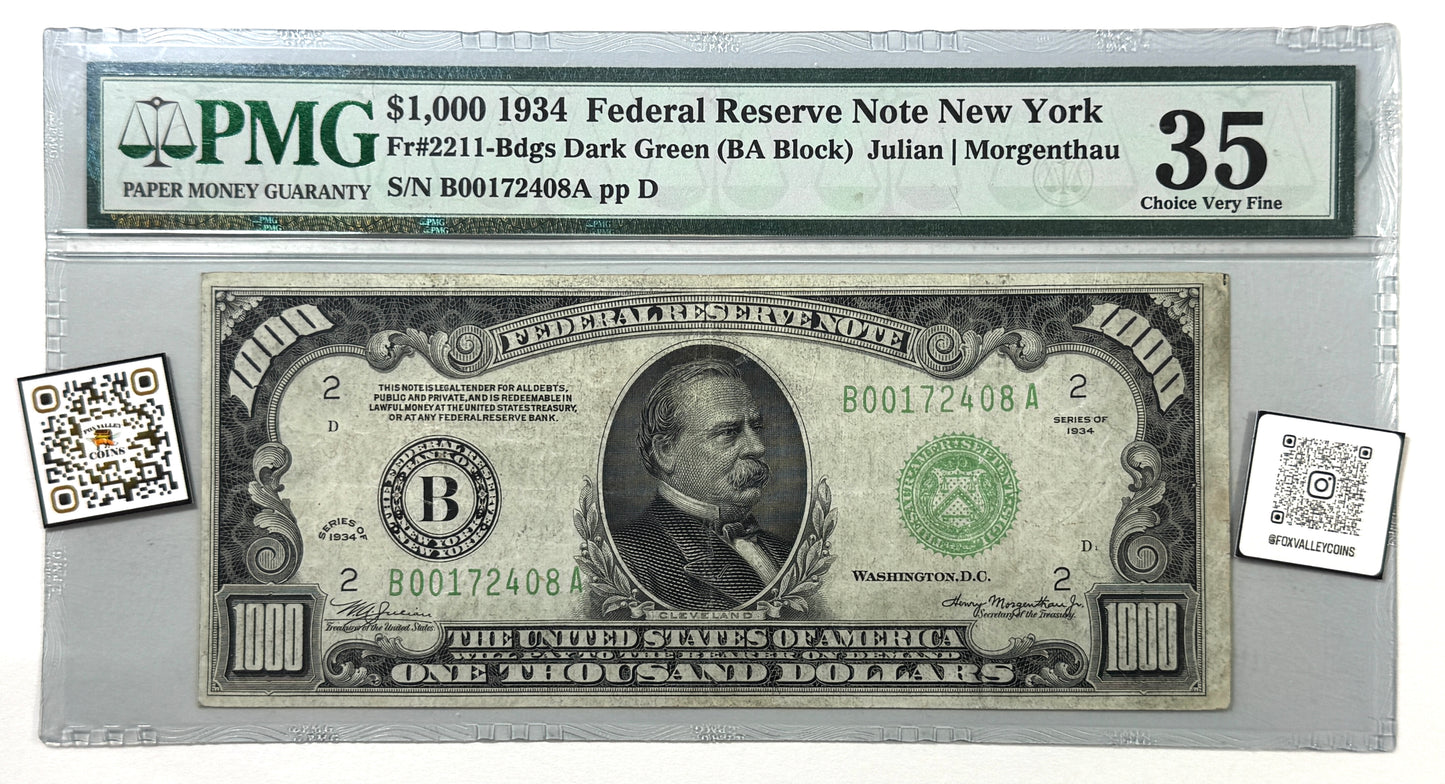 1934 $1000 One Thousand Dollar Bill NEW YORK-NY Federal Reserve Note PMG 35 CHVF