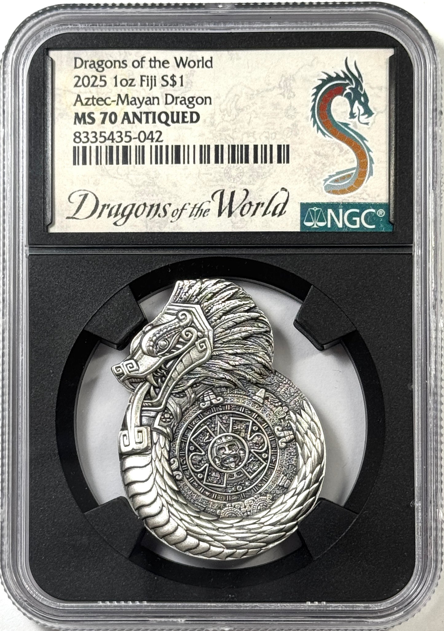 2025 Fiji Aztec Mayan Dragon 1 Oz Antiqued Silver Dragons of the World MS70 NGC