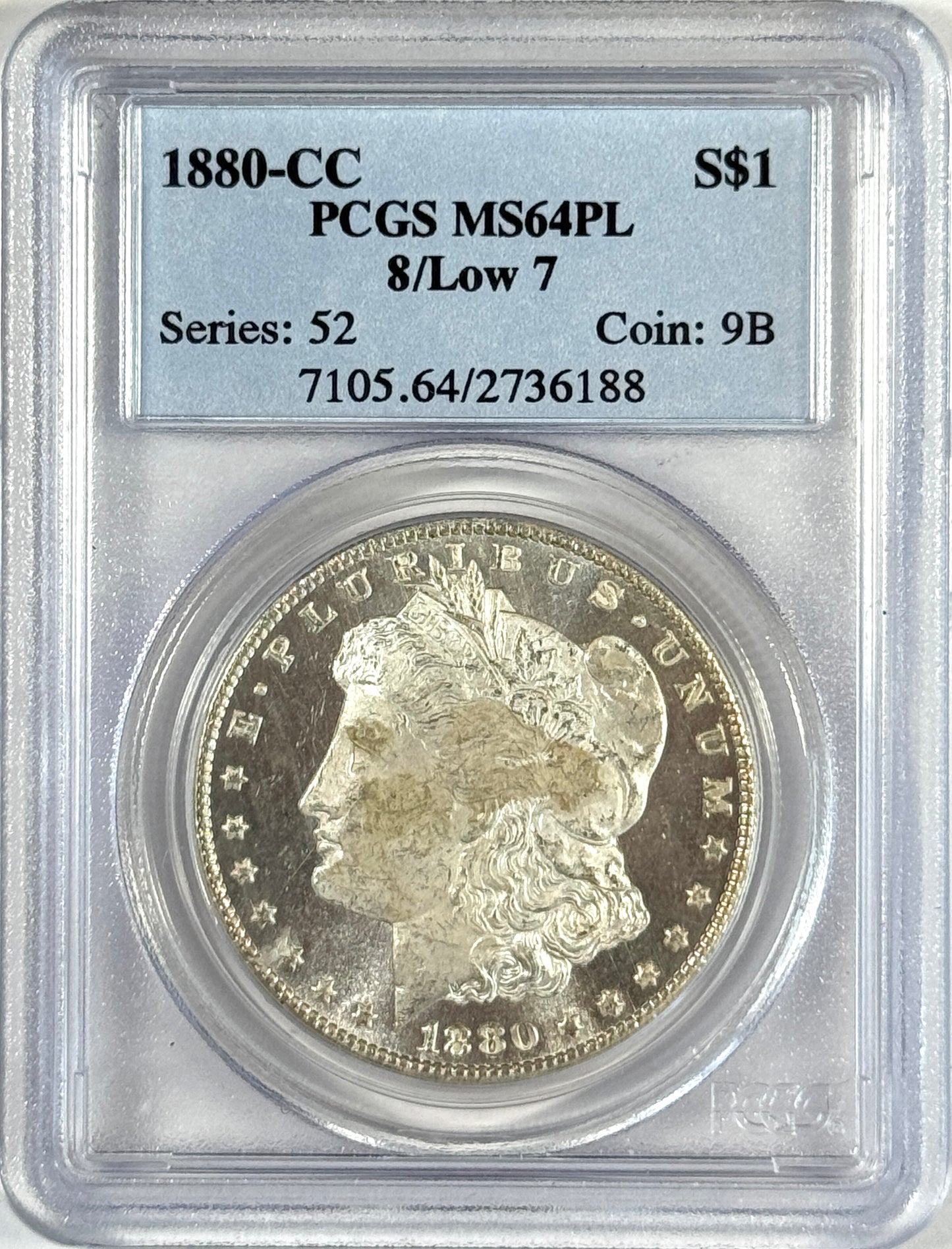 1880-CC Proof-Like Morgan Silver Dollar PCGS MS64PL 8/Low 7 - Key Date