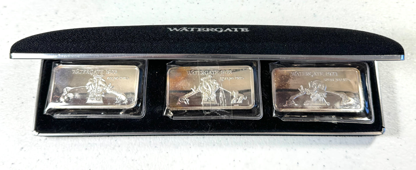 Vintage 1973 Aleo Watergate See Hear Speak No Evil 3pc Silver Set - 2nd Ed #312 w/Box