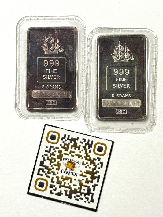 Rare Johnson Matthey 1715 Shipwreck's Recovered Consecutive 5g Silver Bars Sealed