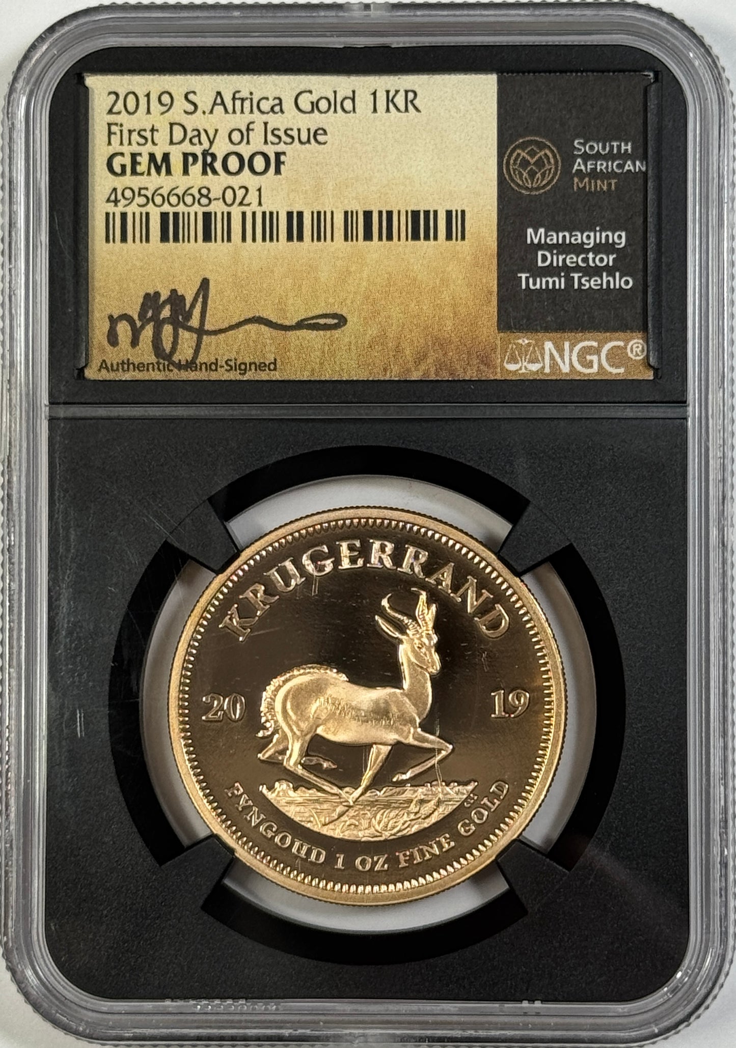 2019 South Africa 1 oz Gold Krugerrand Coin - Gem Proof NGC - Tsehlo Signed FDOI