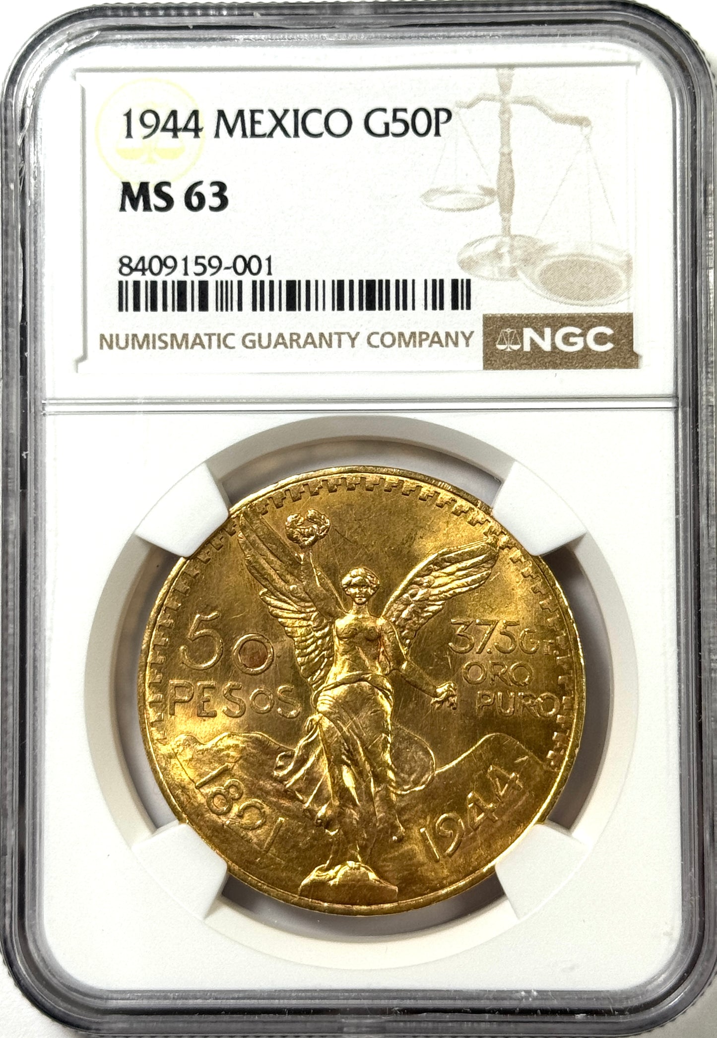 1944 Mexico 50 Pesos Centenario BU Gold Coin MS63 NGC - Freshly Graded!