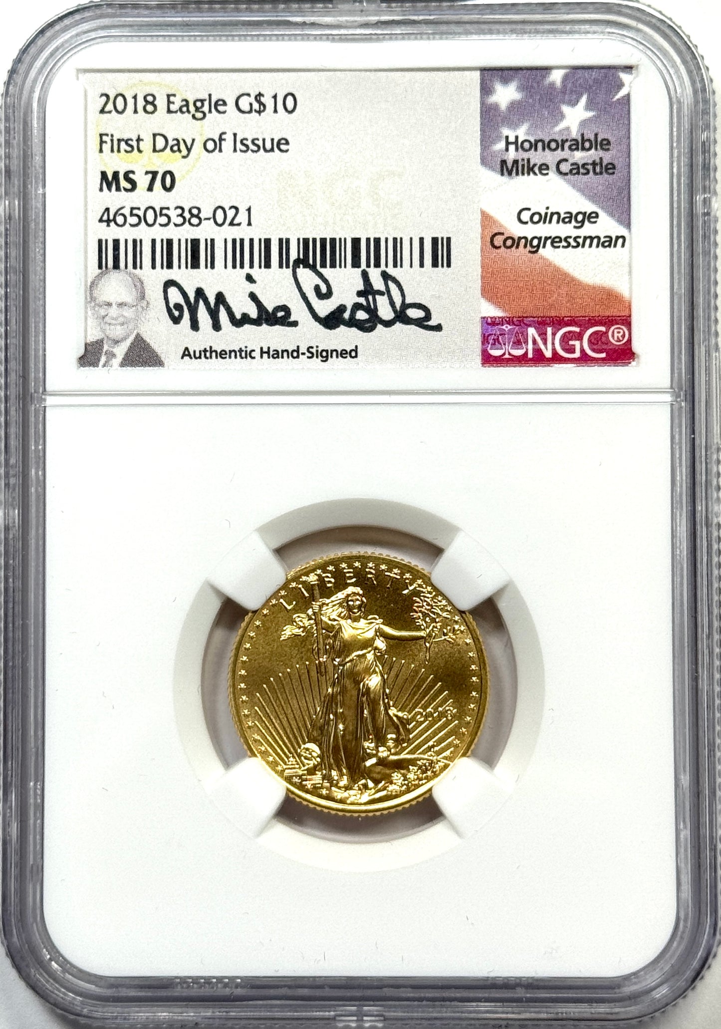 2018 $10 Gold Eagle 1/4 oz Gold Coin NGC MS70 First Day of Issue - Castle Label