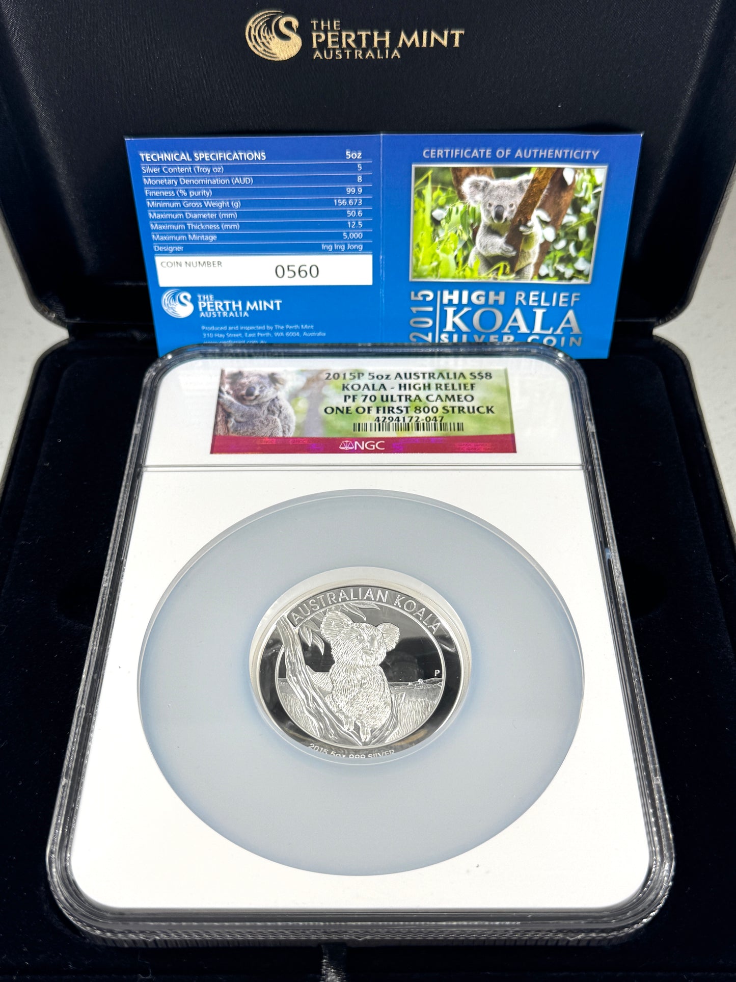 2015-P Australia Proof Koala High Relief 5 oz Silver NGC PF70 UC 1 of First 800 Struck
