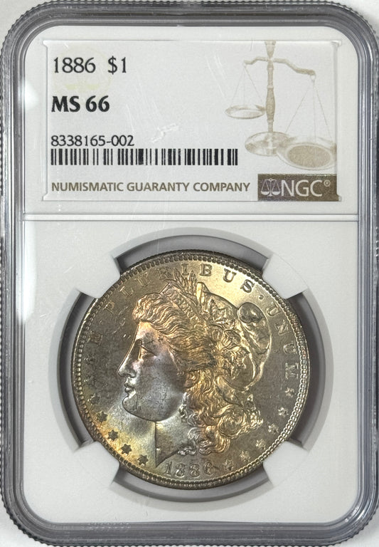 1886-P Morgan Silver Dollar NGC MS66 - Subtle Rainbow Toned - Lustrous Reverse