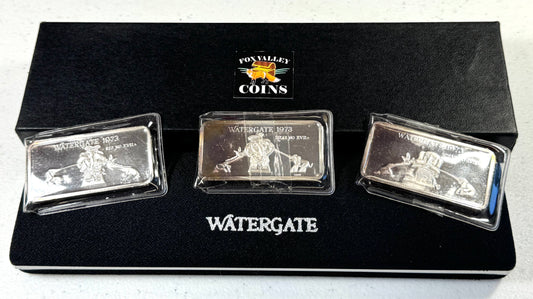 Vintage 1973 Aleo Watergate See Hear Speak No Evil 3pc Silver Set - 2nd Ed #312 w/Box