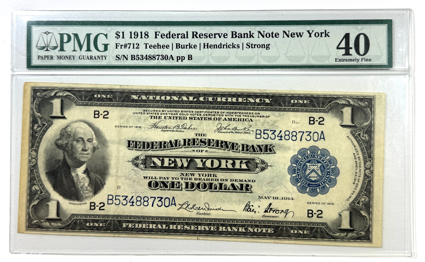 1918 $1 One Dollar New York Federal Reserve Fr. 712 Note XF40 PMG