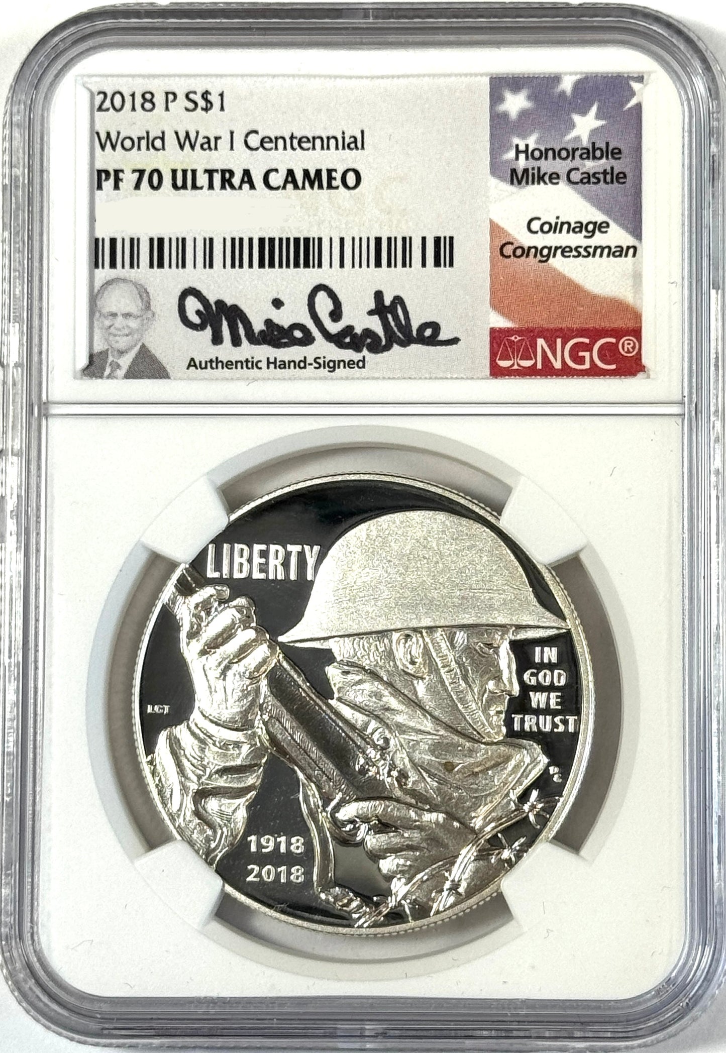 2018-P Proof Silver WWI centennial Commemorative Dollar NGC PF70 Ultra-Cameo Castle Signature