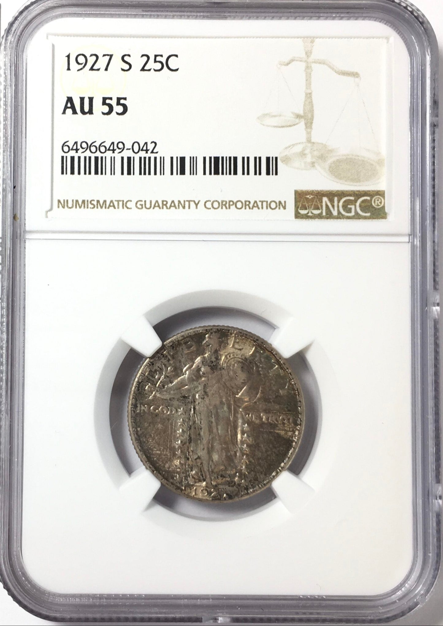 1927-S Standing Liberty Silver Quarter - AU55 NGC - Original Toning - 396,000 Minted - Key Date