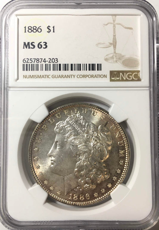 1886 Morgan Silver Dollar NGC MS63 Cartwheel Luster - Reverse Rim Rainbow Toned