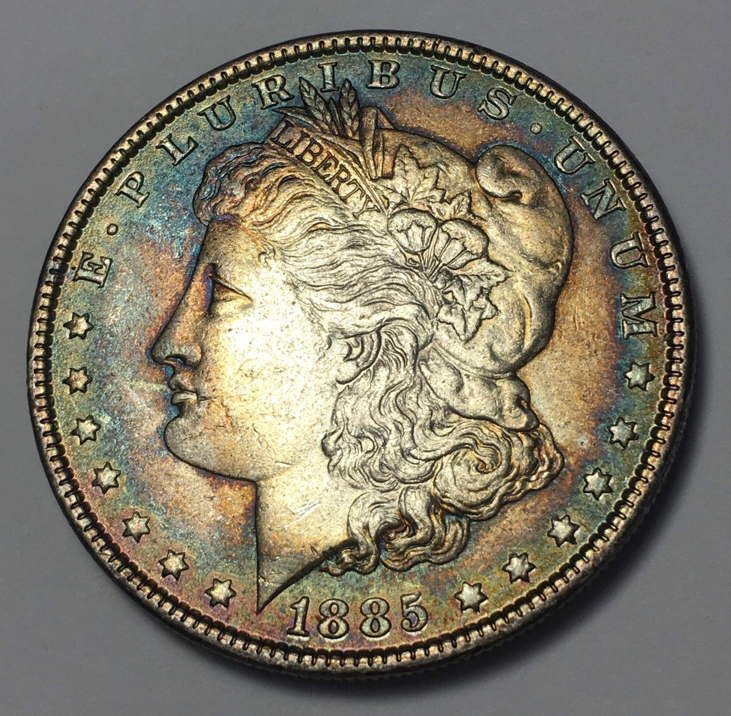 1885-P Morgan Silver Dollar BU - Stunning Rainbow Gun Metal Blue Toning