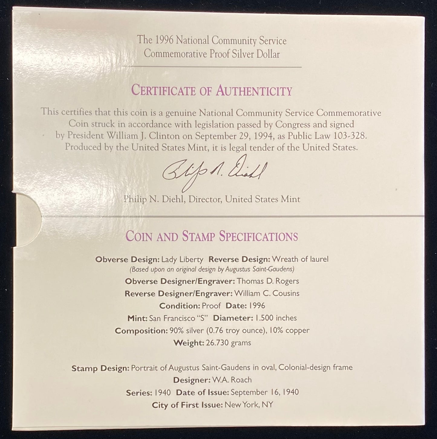 1996-S National Community Service Silver Coin & Stamp Commemorative Set