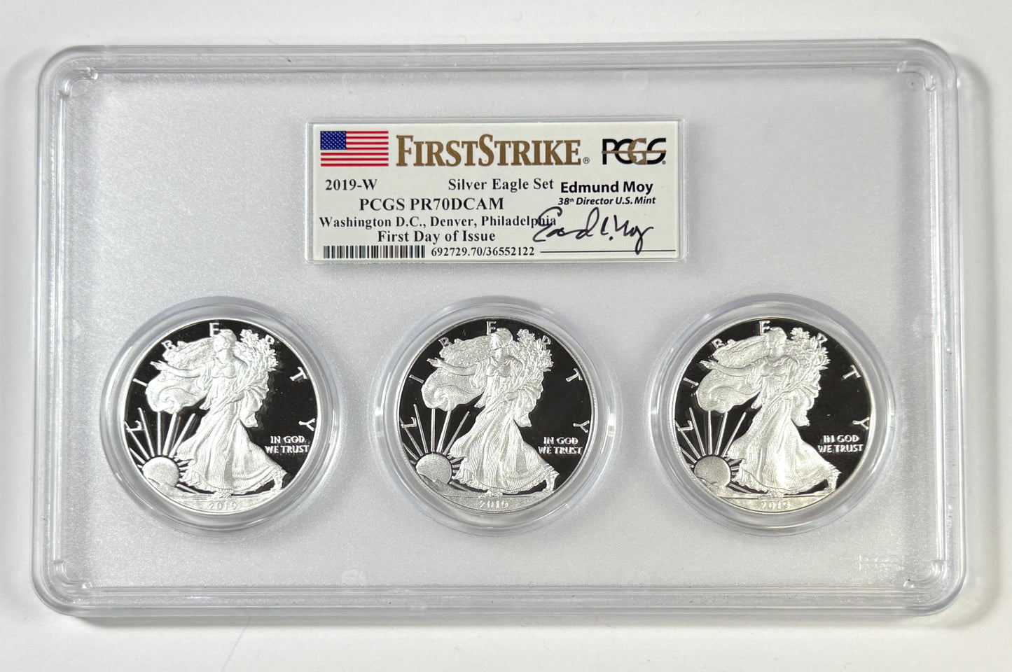 2019-W Silver Eagle 3PC Set - PR70 DCAM PCGS Edmund Moy Sig FDOI TRIHOLDER