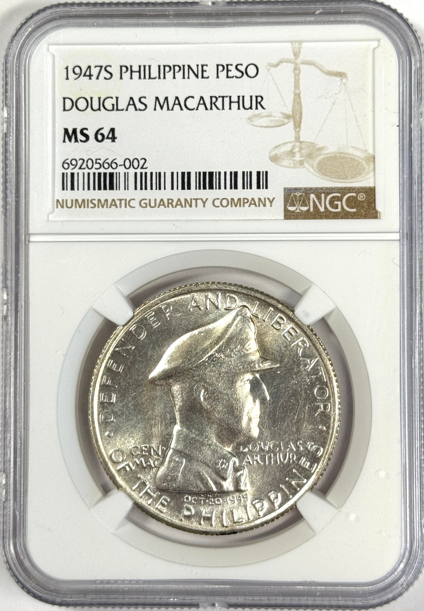 1947-S Philippine General Douglas MacArthur 1 Peso MS64 NGC - Lustrous Silver Coin