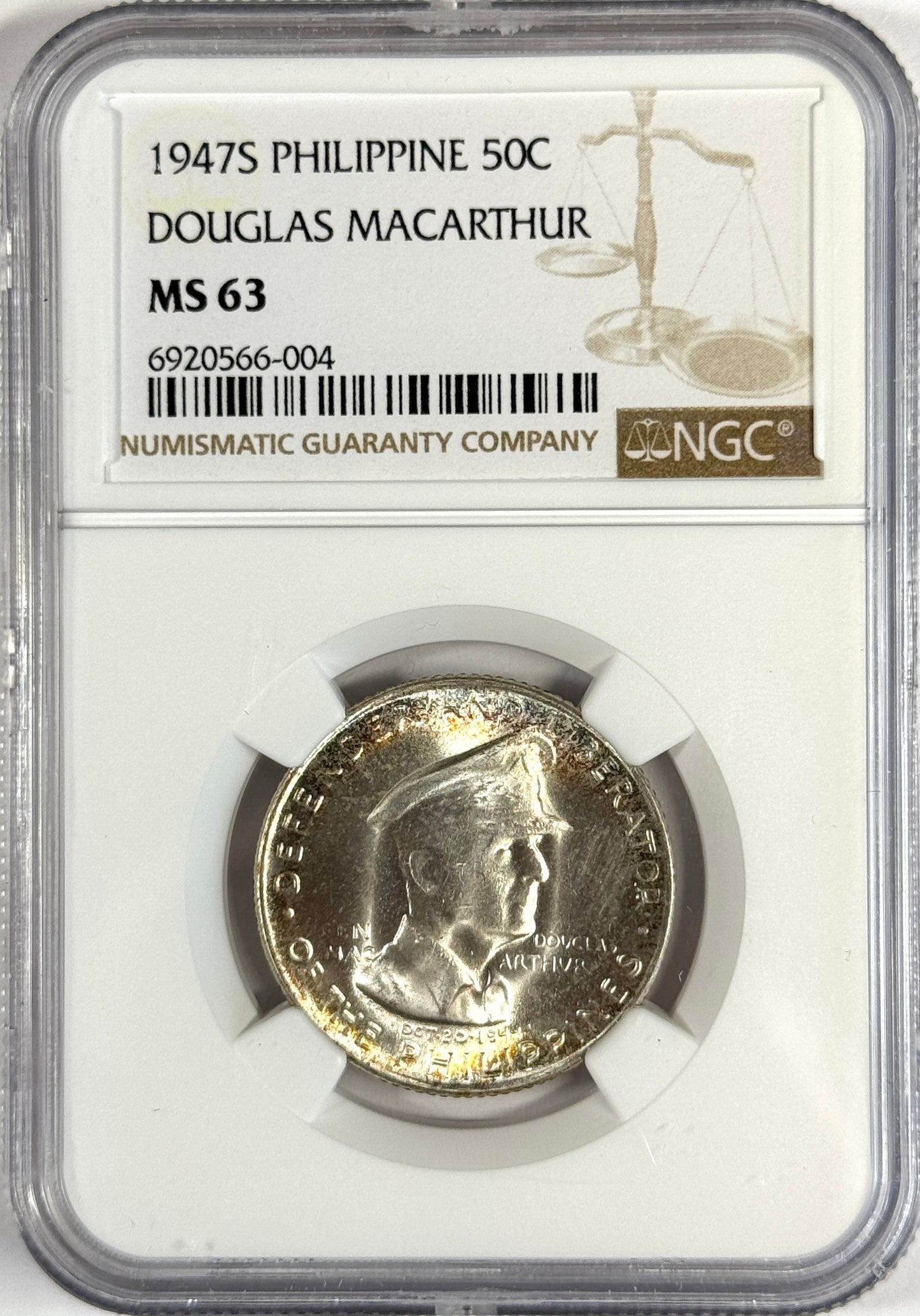 1947-S Philippine General Douglas MacArthur 50 Centavos Silver Coin MS63 NGC