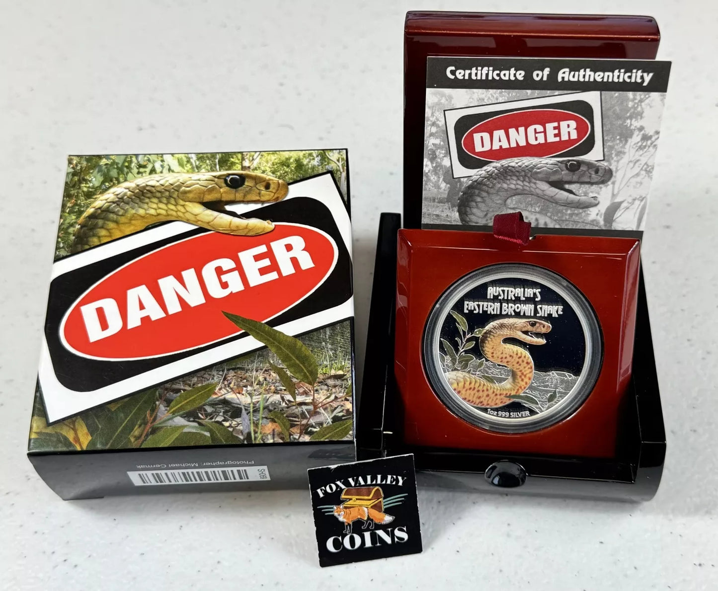 2010 Tuvalu Australian Brown Snake - 1 Oz Proof & Colorized Silver in OGP with COA