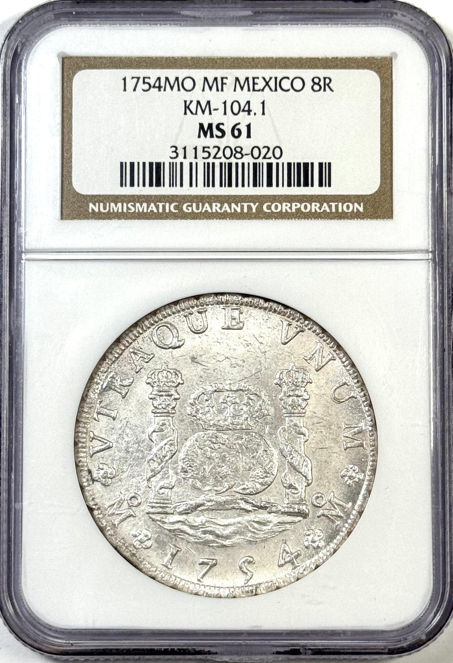 1754-Mo MF Colonial Mexico 8 Reales Pillar Dollar Silver Coin MS61 NGC