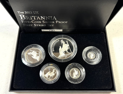 2013 UK Britannia Five-Coin Silver Proof First Strike Set - # 1391/1500 in OGP