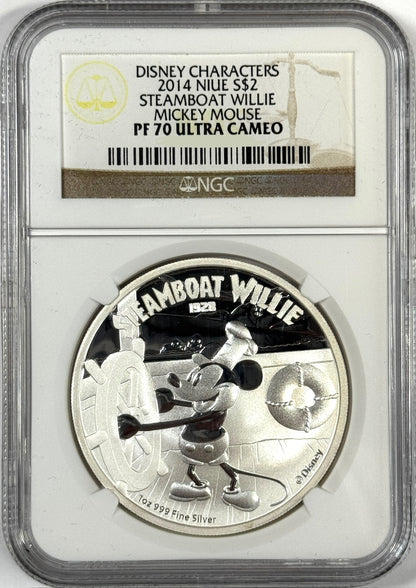 2014 Niue Disney Mickey Mouse Steamboat Willie 1 oz Proof Silver NGC PF70UC w/OGP