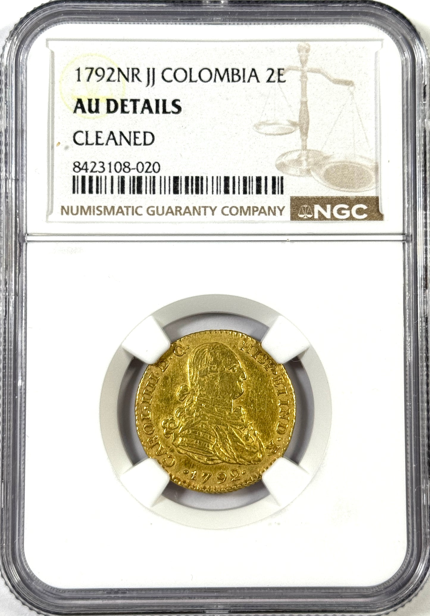 1792 NRJJ Colombia Gold Charles IV 2 Escudos Gold Coin 2E - AU Details NGC