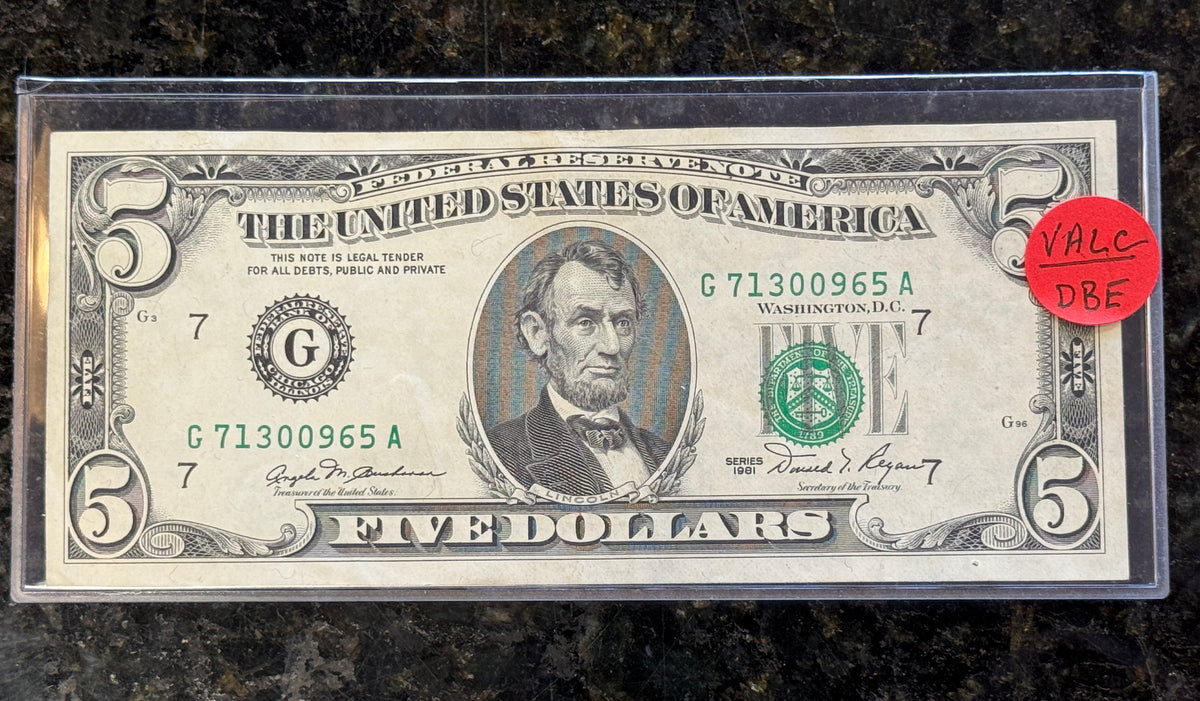1981 $5 Five Dollar Chicago IL Federal Reserve Note ERROR Reverse