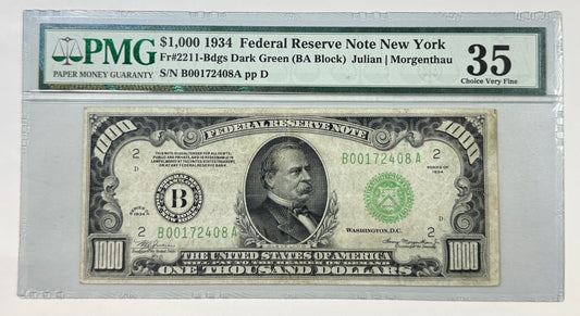 1934 $1000 One Thousand Dollar Bill NEW YORK-NY Federal Reserve Note PMG 35 CHVF