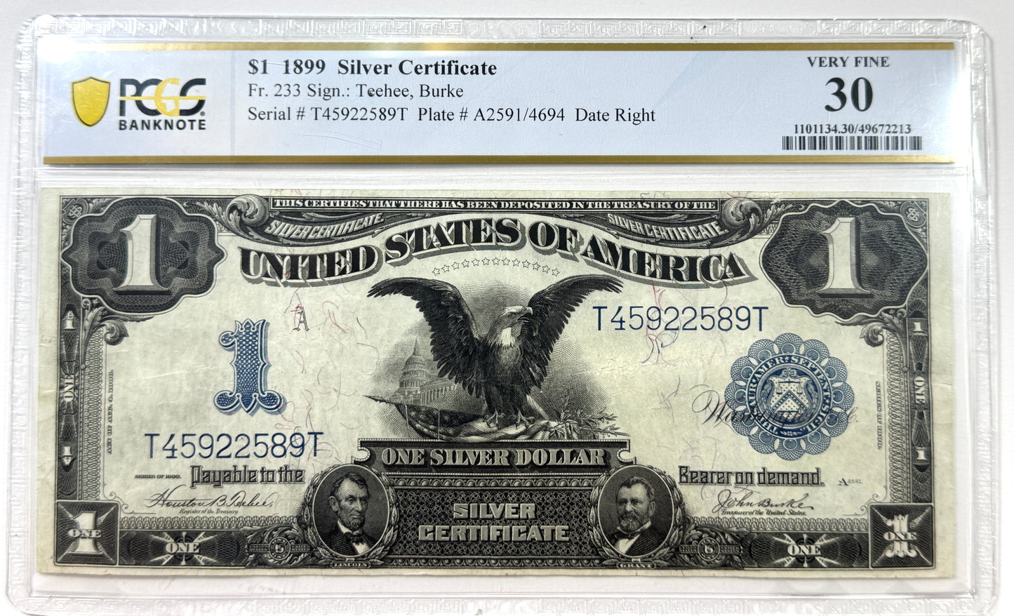 1899 $1 One Dollar Silver Certificate Fr.233 BLACK EAGLE PCGS VF30