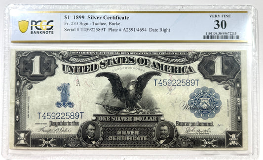 1899 $1 One Dollar Silver Certificate Fr.233 BLACK EAGLE PCGS VF30