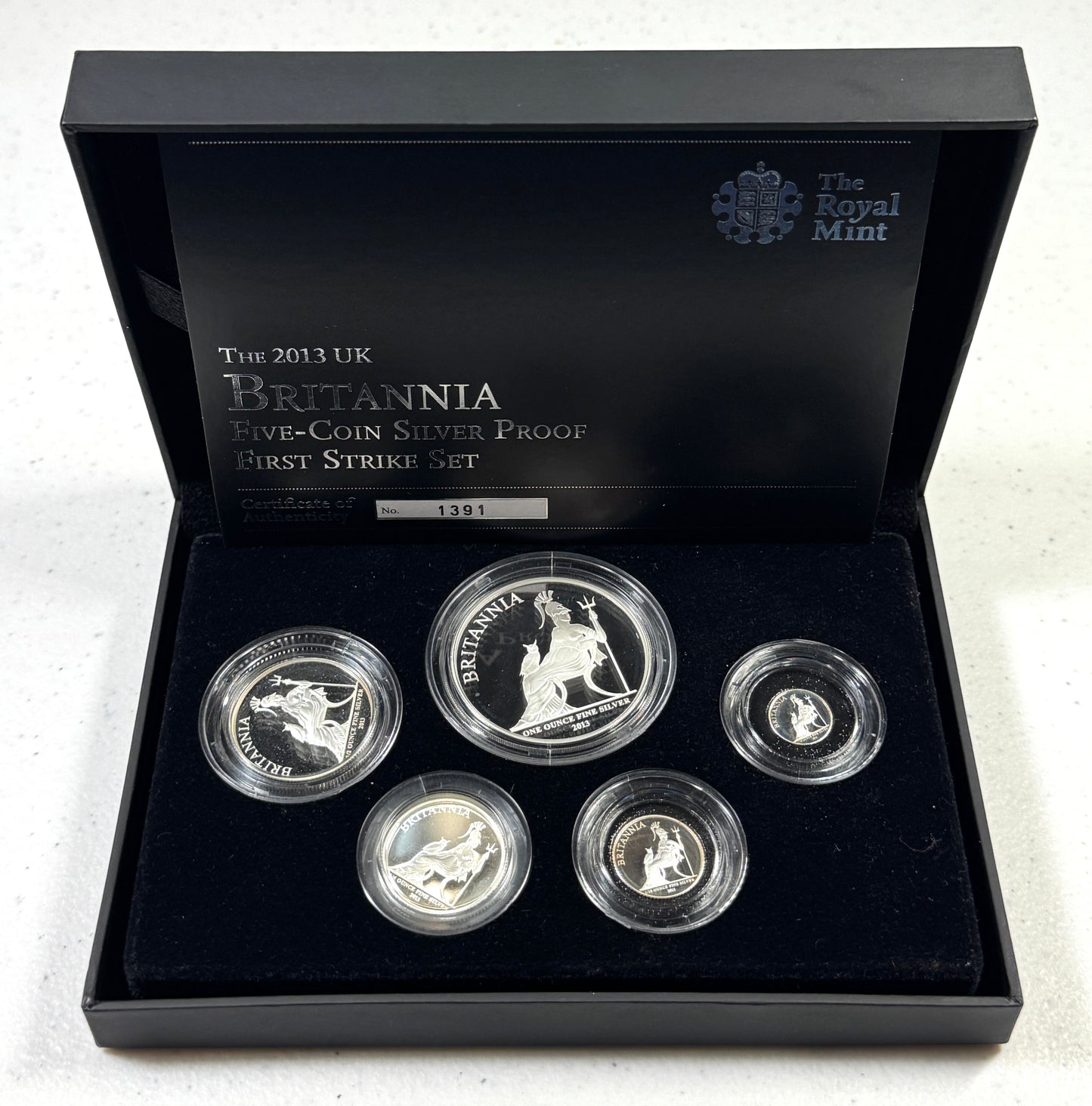2013 UK Britannia Five-Coin Silver Proof First Strike Set - # 1391/1500 in OGP