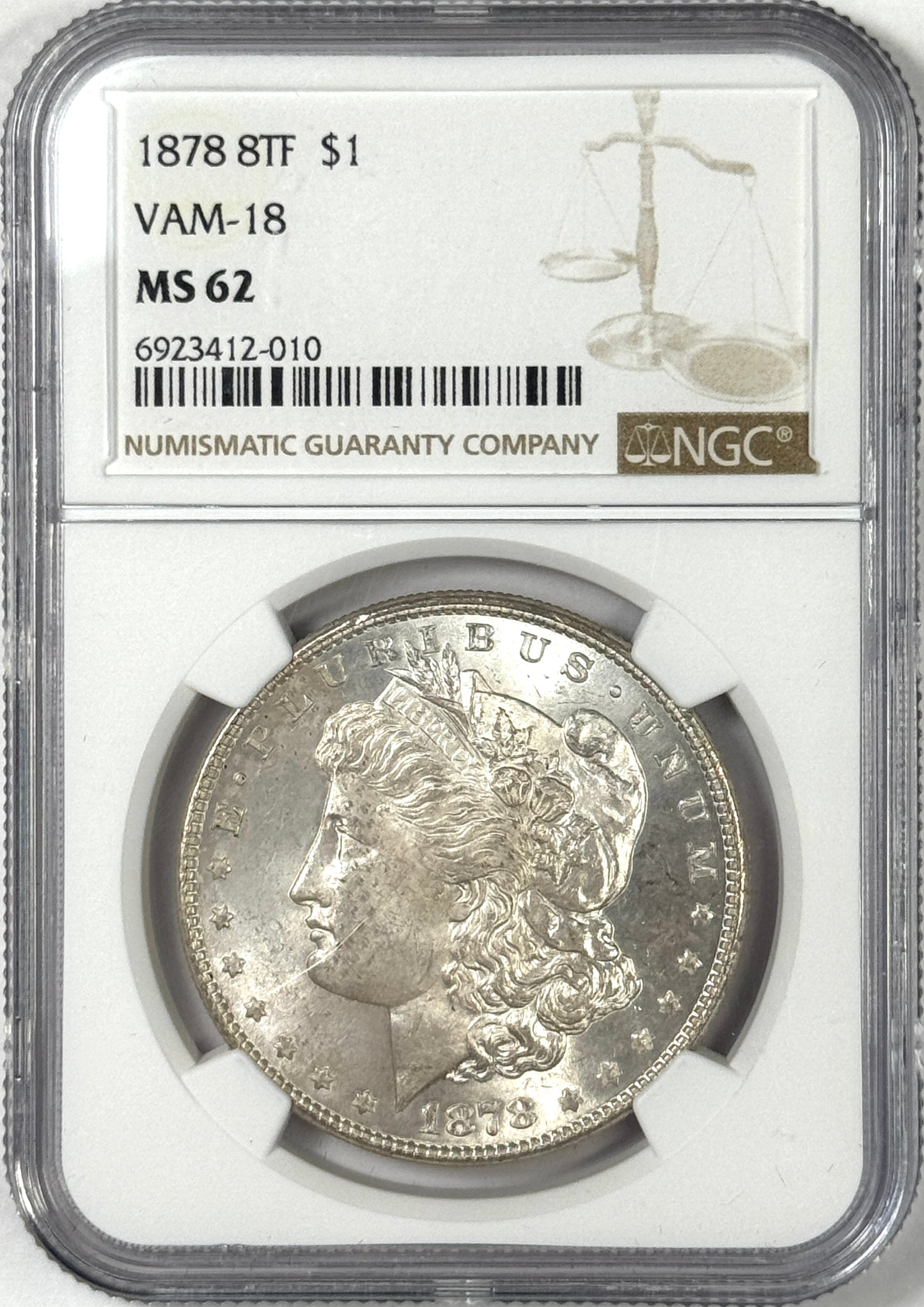 1878-P 8TF Morgan Silver Dollar VAM-18 NGC MS62