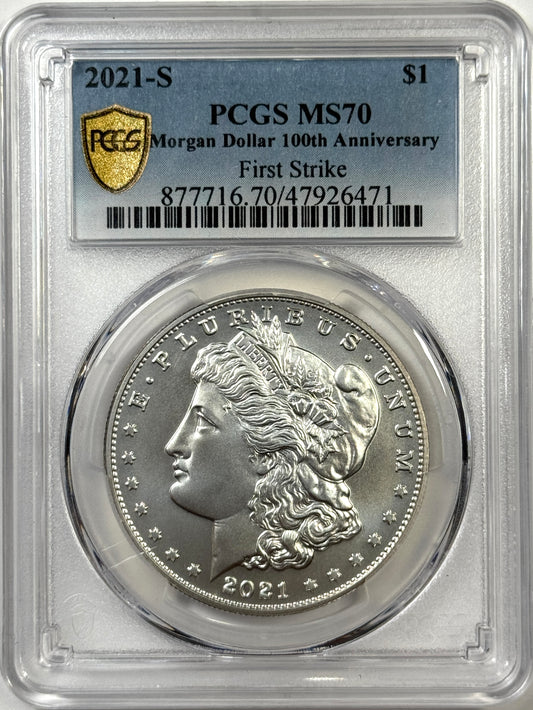 2021-S Morgan Silver Dollar MS70 PCGS First Strike - 100th Anniversary Label