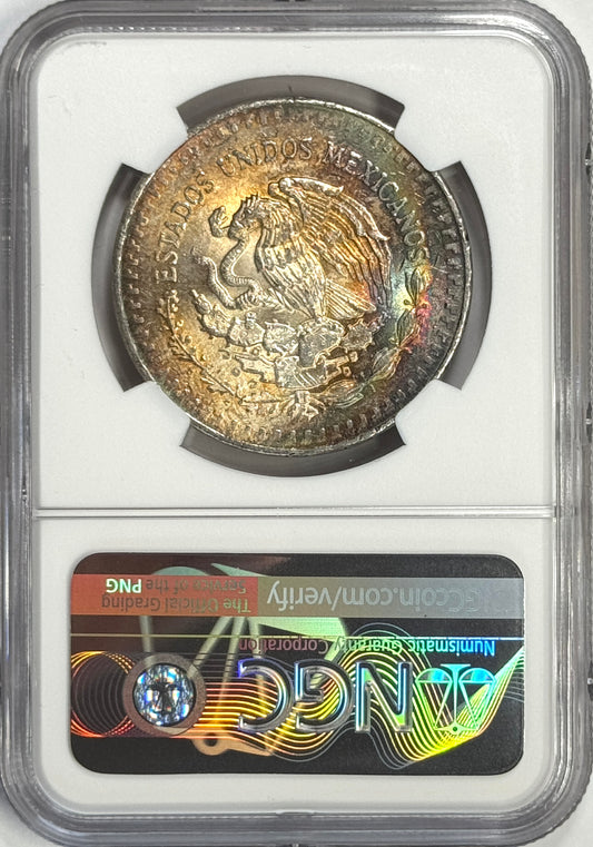1982 Mexico Silver Onza Libertad Coin MS62 NGC - Original Dual sided Rainbow Toning