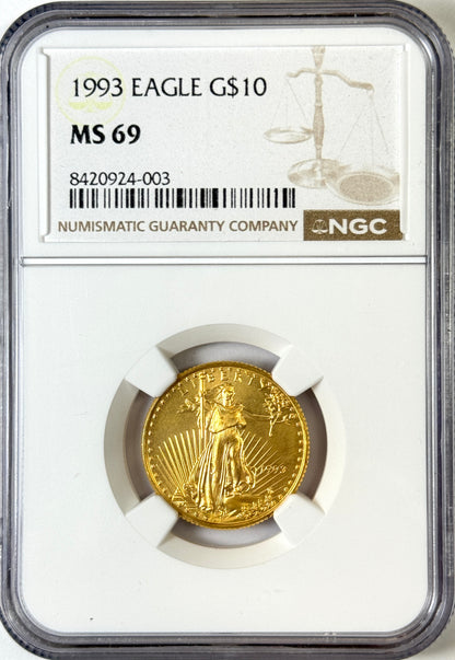 1993 $10 Gold American Eagle - 1/4 Oz Gold - NGC MS69 - Scarce Key Date