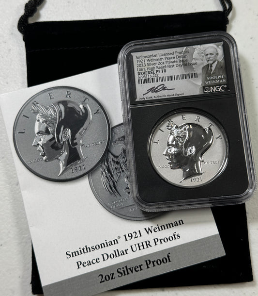 2023 2 Oz Silver 1921 Weinman Peace Dollar Reverse PF70 NGC - Clark Signature