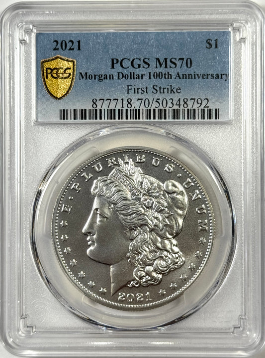 2021-P Morgan Silver Dollar MS70 PCGS First Strike - 100th Anniversary Label