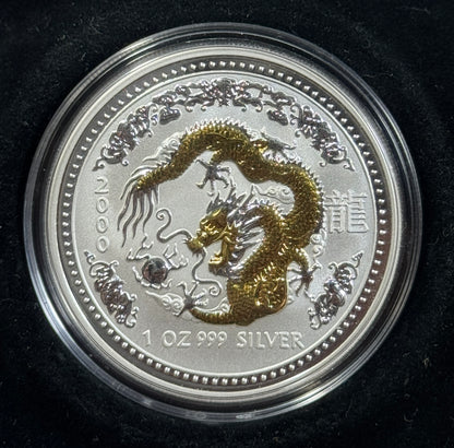 2000 Australian Year of the Dragon Gilded Edition 1 oz Silver Coin in OGP