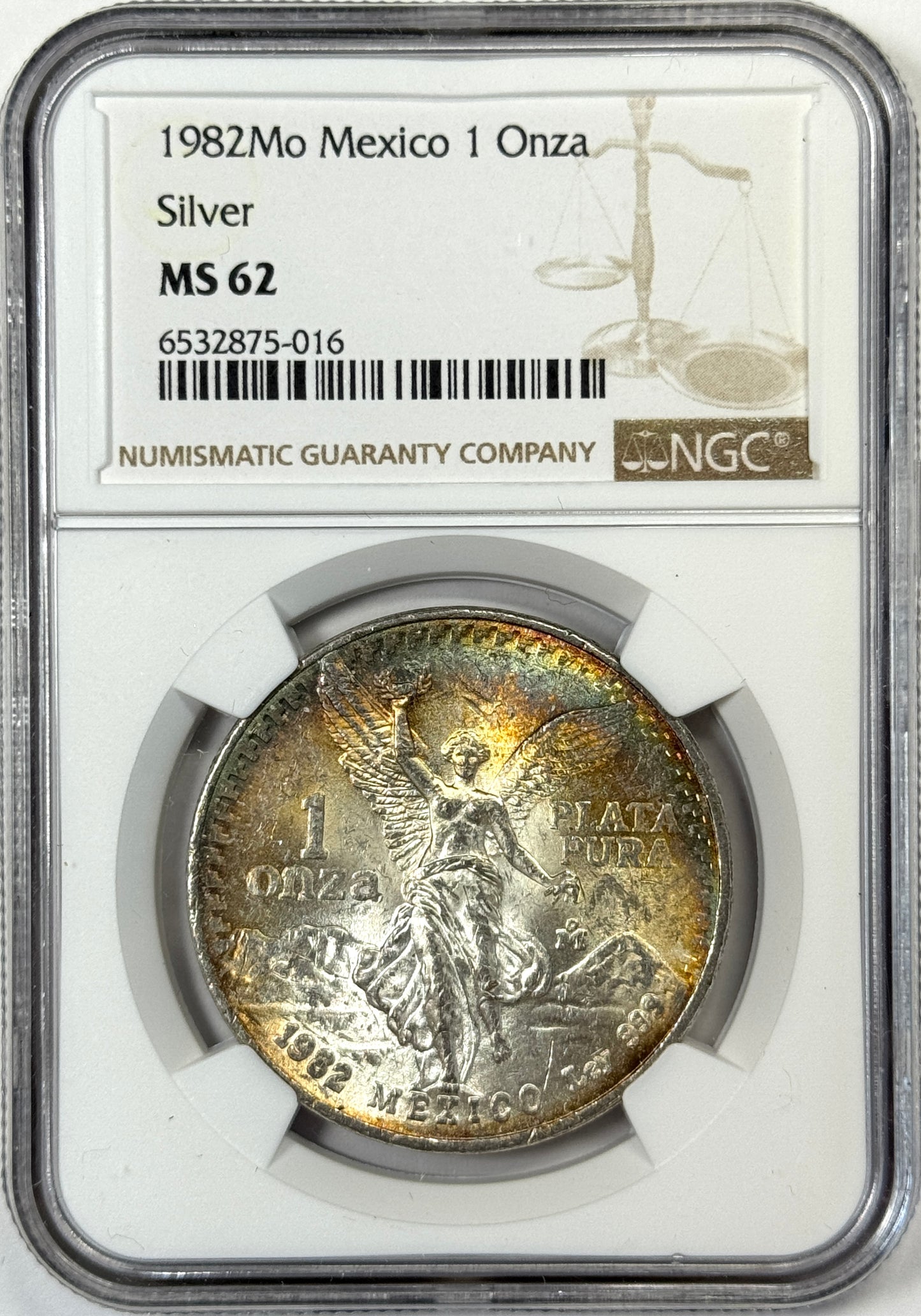1982 Mexico Silver Onza Libertad Coin MS62 NGC - Original Dual sided Rainbow Toning
