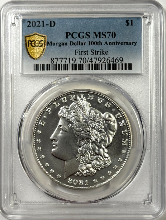 2021-D Morgan Silver Dollar MS70 PCGS First Strike - 100th Anniversary Label
