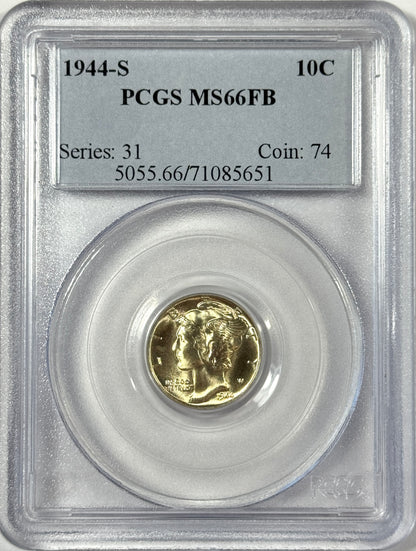 1944-S Silver Mercury Dime PCGS MS66FB Blast White Cartwheel Luster! Nice Coin!