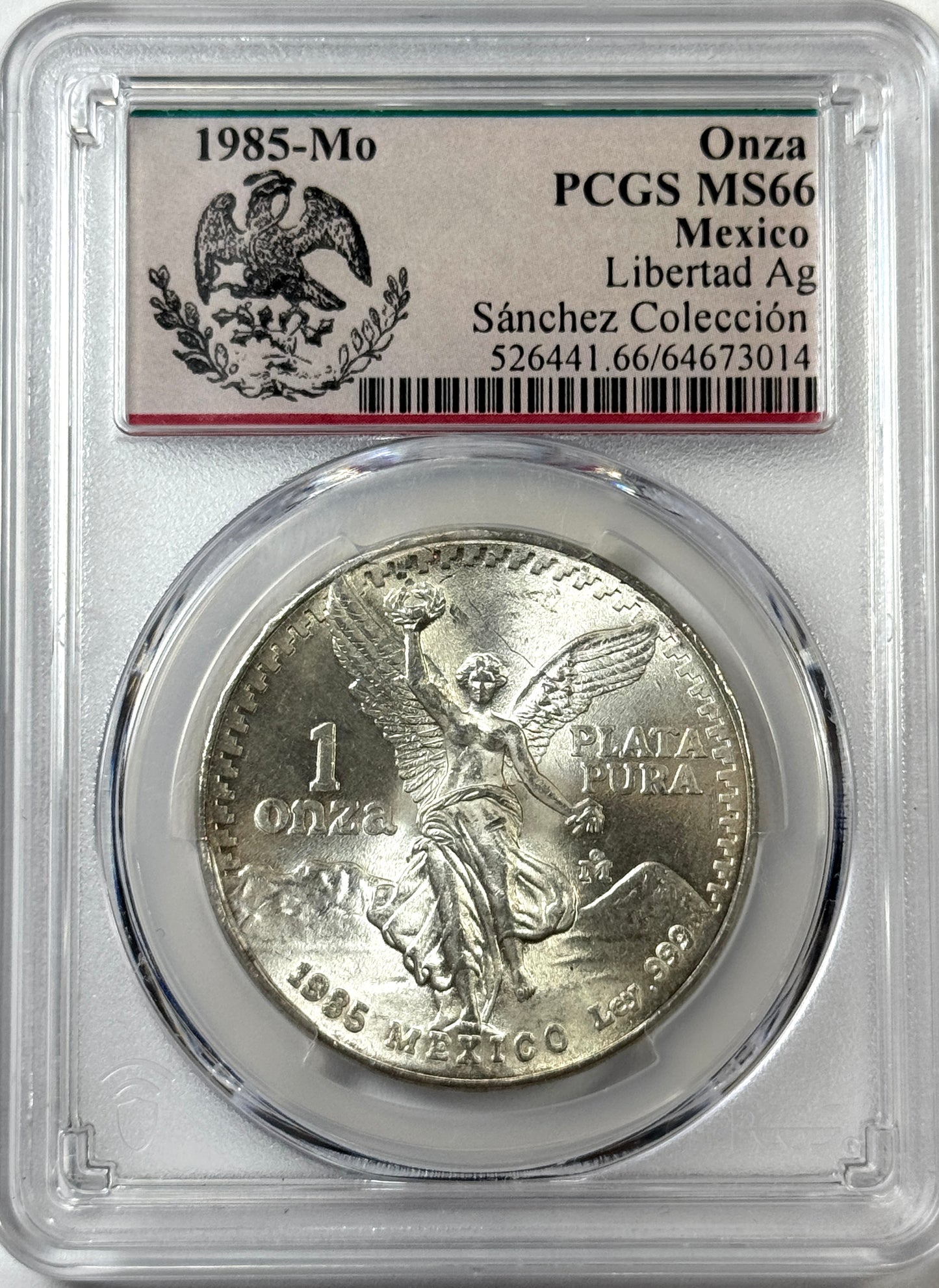 1985 Mexico Silver Onza Libertad - MS66 NGC Sanchez Collection Label - Lustrous Coin!