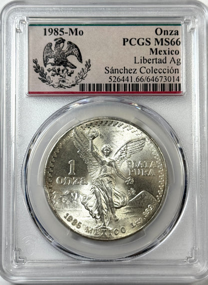 1985 Mexico Silver Onza Libertad - MS66 NGC Sanchez Collection Label - Lustrous Coin!